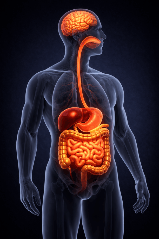 Side-profile medical illustration of a semi-transparent male body showing the brain and digestive organs in warm tones against a dark background. Created with DALL-E.