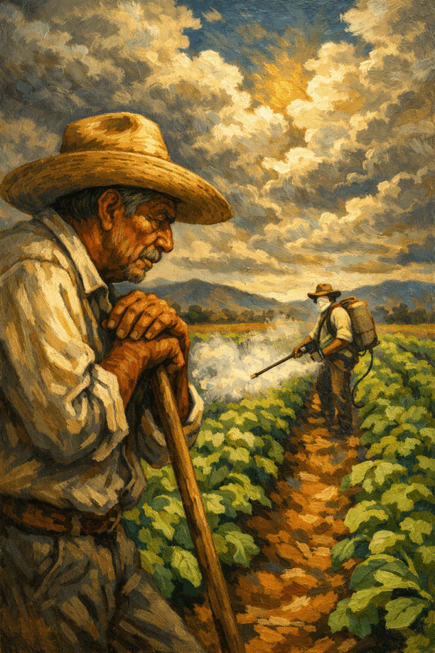 Farmworkers in field, one spraying pesticides, created with DALL-E