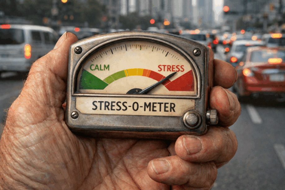 Weathered hand holding vintage stress-o-meter gauge with needle pointing toward stress on busy city street