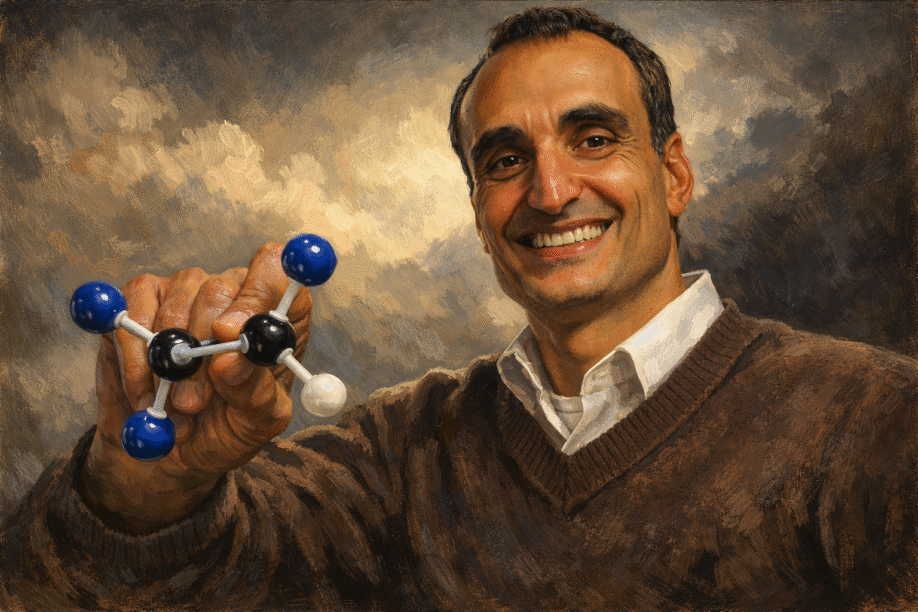 Portrait painting of Dr. Ray Dorsey holding a molecular model of trichloroethylene with two black carbon atoms, three blue chlorine atoms, and one white hydrogen atom