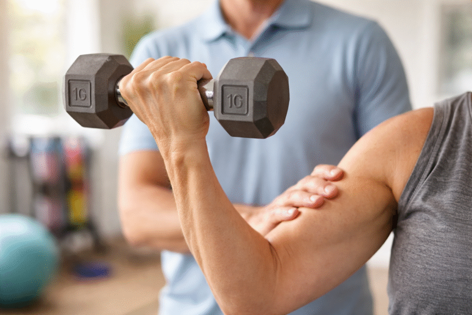 Person performing bicep curl with 10-pound dumbbell while physical therapist observes in clinic setting