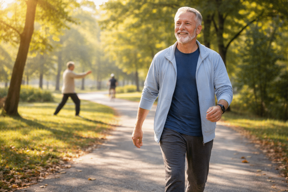 Older man walking briskly on tree-lined park path with person doing tai chi visible in background