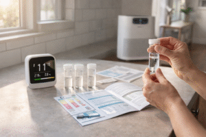 Hands examining water sample vial with air quality monitor and testing kit on kitchen counter, HEPA air purifier in background