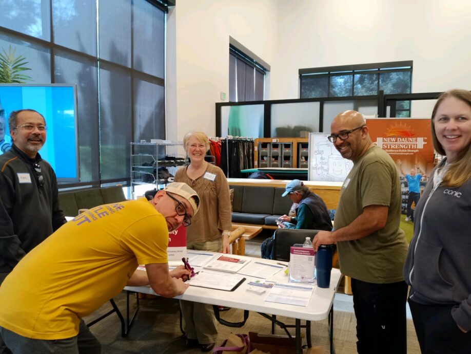 Hari (community member), Freddy Silva (Rock Steady Boxing), Denise Dagan (Stanford), Vikas Chinnan (community volunteer), and Becky Webster (Cionic)