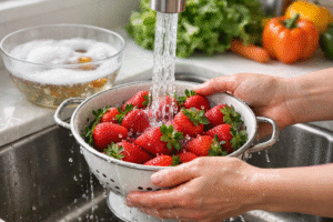 Hands washing strawberries under running water in metal colander with soapy water bowl nearby