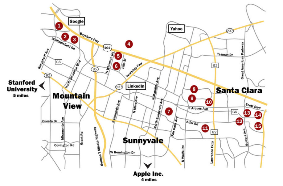 Map of Silicon Valley showing 15 numbered superfund sites clustered around Mountain View, Sunnyvale, and Santa Clara, with major tech company locations marked including Google, Yahoo, LinkedIn, and Apple
