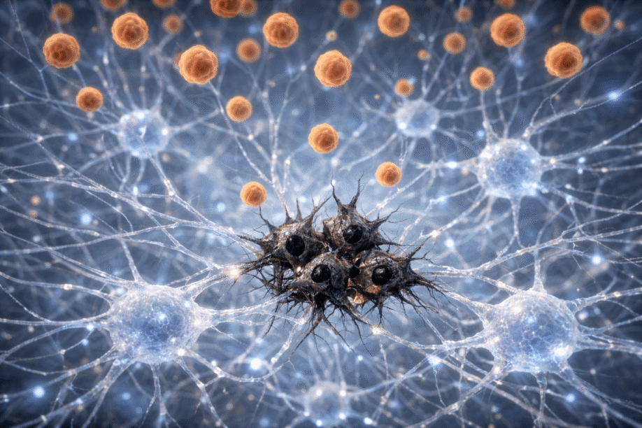 Microscopic 3D illustration showing dark damaged neurons at center of glowing neural network with orange stem cells floating above