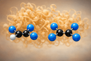 3D molecular models of trichloroethylene (TCE) and perchloroethylene (PCE) with ball-and-stick structures showing black carbon atoms, blue chlorine atoms, and white hydrogen atom, against background of tangled amber protein structures