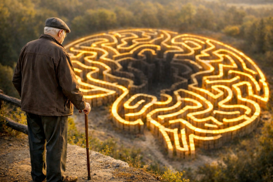 Older man with a cane standing on a hillside overlook, gazing down at a large brain-shaped maze glowing with golden light at its edges and dark at its center.