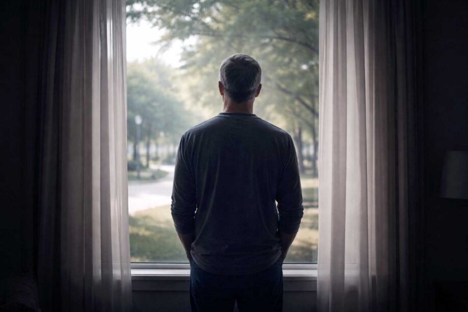 Man standing with his back to the camera, looking out a large window at a tree-lined street.