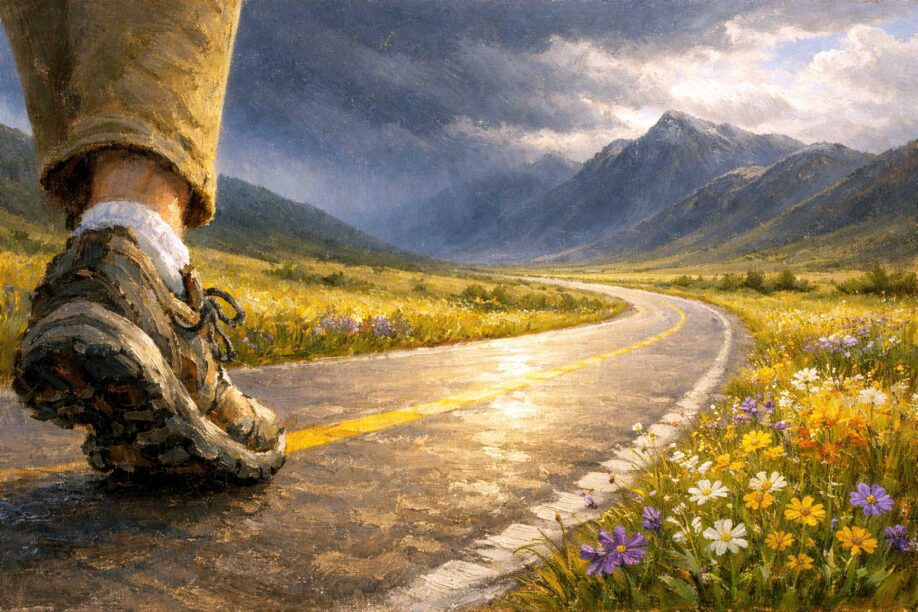 Un zapato de caminar dando un primer paso sobre un camino sinuoso que lleva hacia montañas tormentosas, con flores silvestres a los lados y luz dorada sobre el sendero.