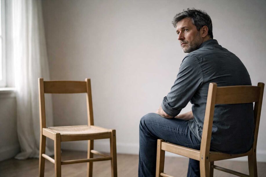 Middle-aged man sitting on a wooden chair, turned to look over his shoulder, with an empty chair beside him in a bare room.