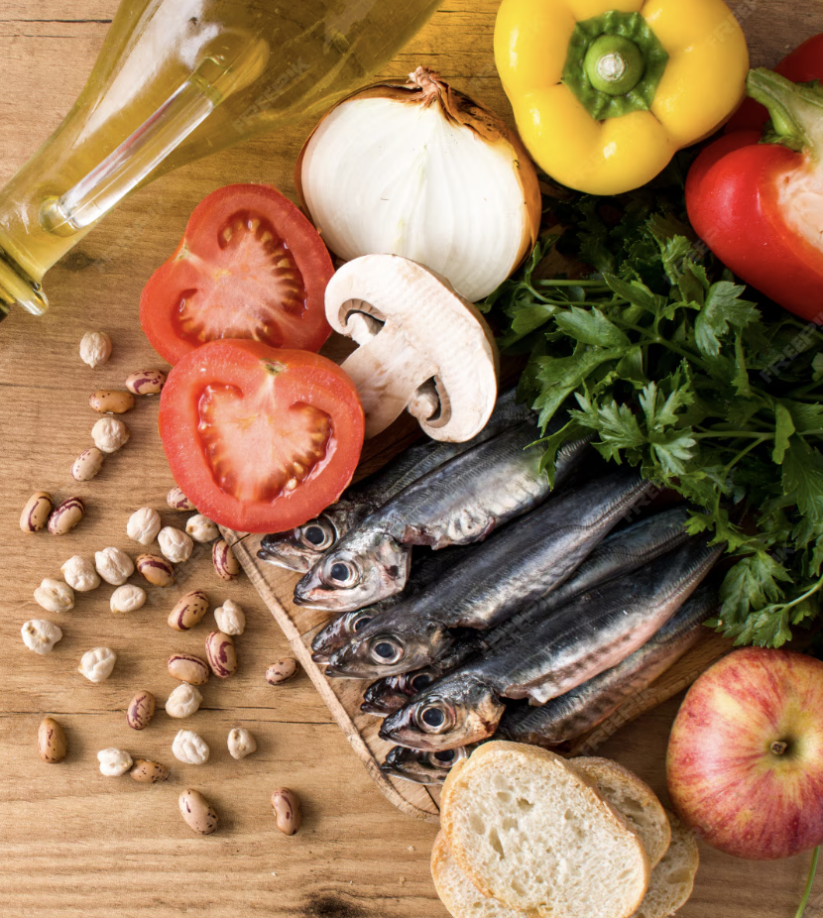 fruits, veggies, fish, nuts, oil