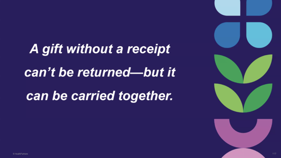 A gift without a receipt can't be returned-but it
can be carried together.
